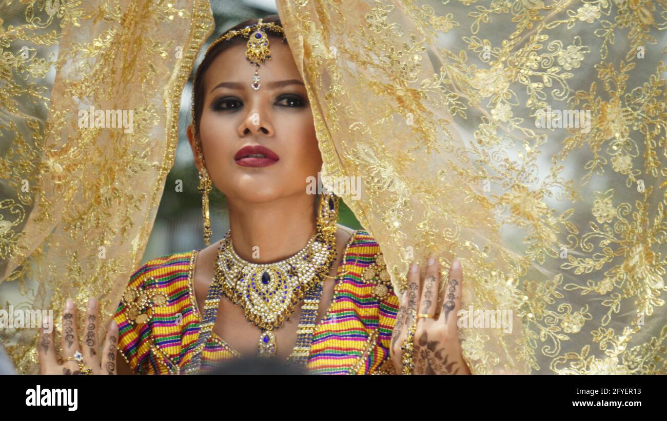 Closeup on women face in traditional dress sari Stock Photo