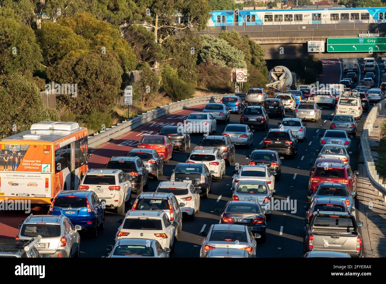 Traffic on the Eastern freeway in Melbourne, Victoria, Australia Stock
