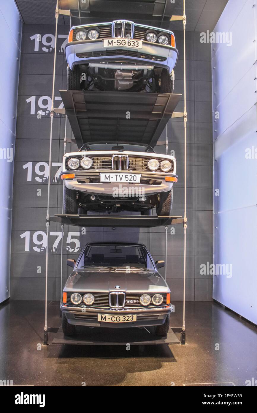Germany, Munich - April 27, 2011: BMW 633, 520 and 323 in E24, E12 and E21 bodies in the exhibition hall of the BMW Museum Stock Photo