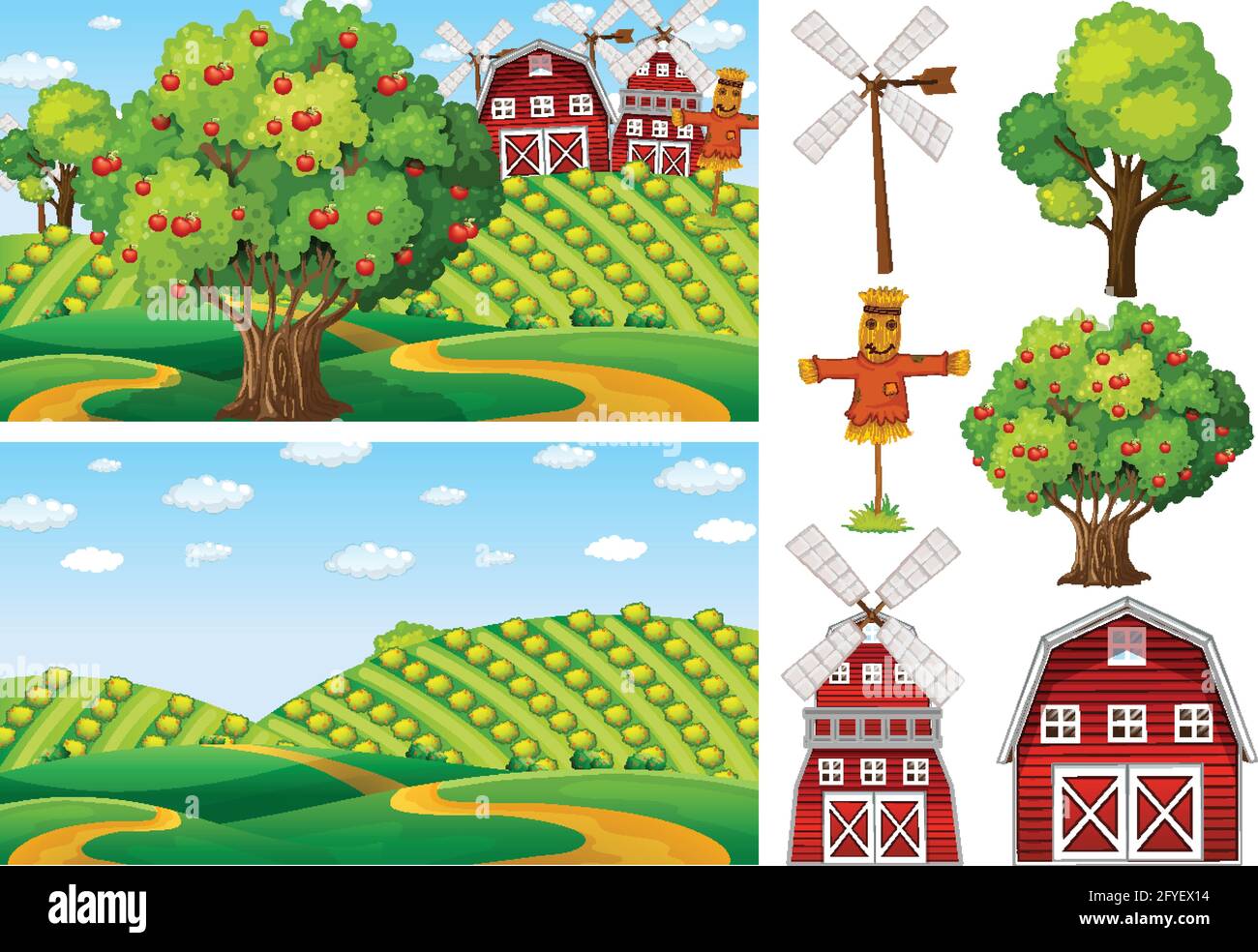 Farm element set isolated with farm scence illustration Stock Vector ...