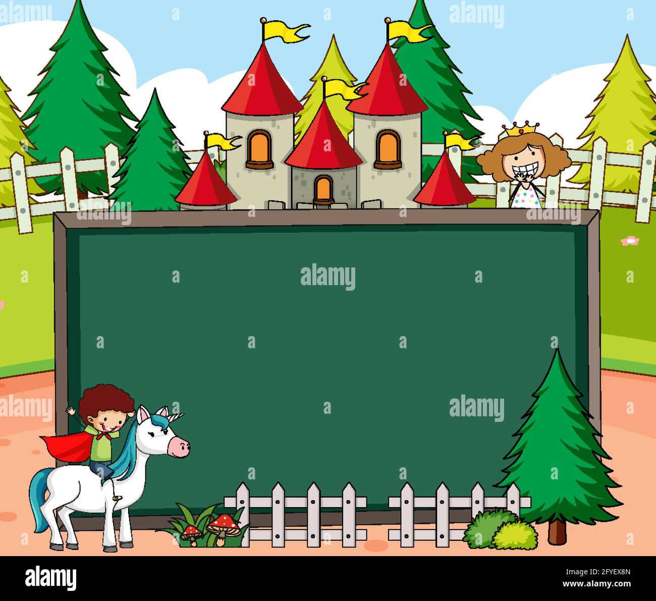 Empty chalkboard banner in the forest scene with fairy tale cartoon ...