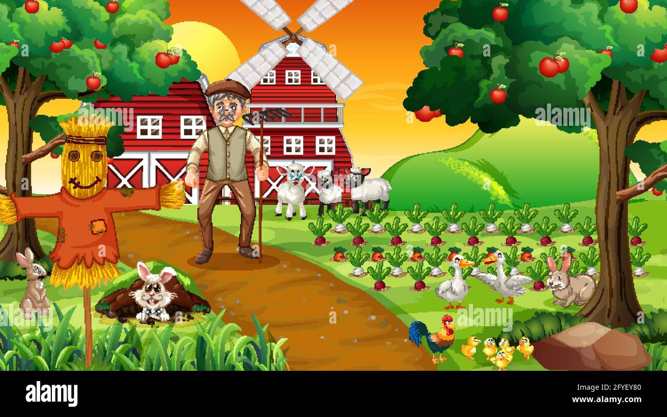 Farm scene at sunset with old farmer man and cute animals illustration ...