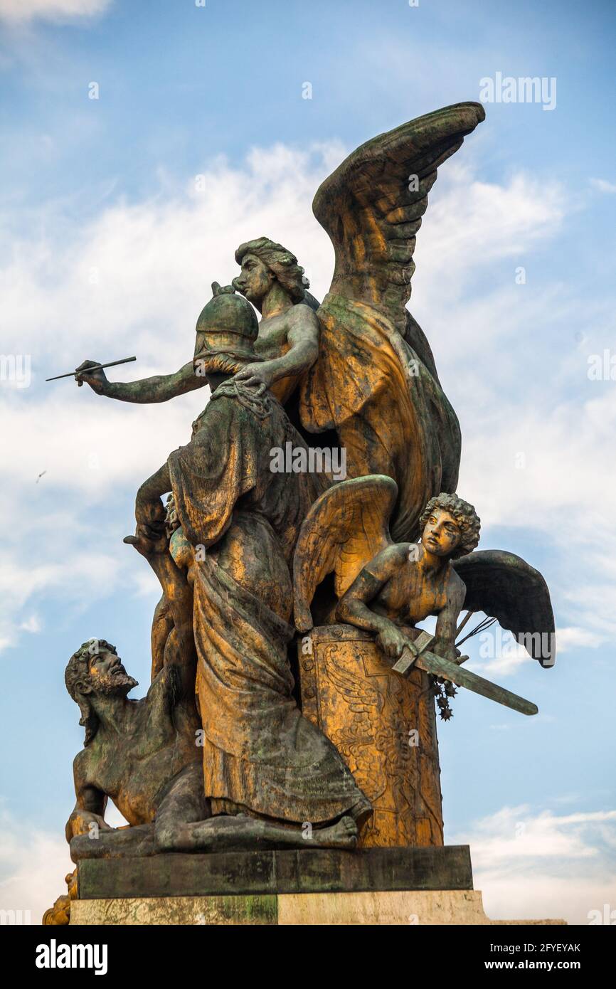 'The Thought,' by Giulio Monteverde sitting at the base of Monumento a Vittorio Emanuele II and overlooking Piazza Venezia in Rome Italy. Stock Photo