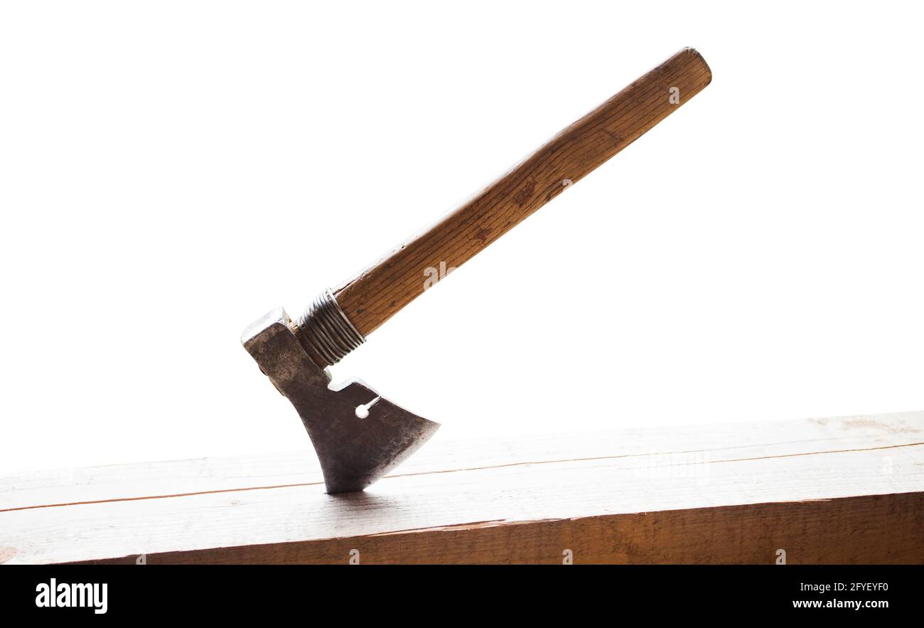 axe on wood. closeup in nature for construction isolated on white Stock