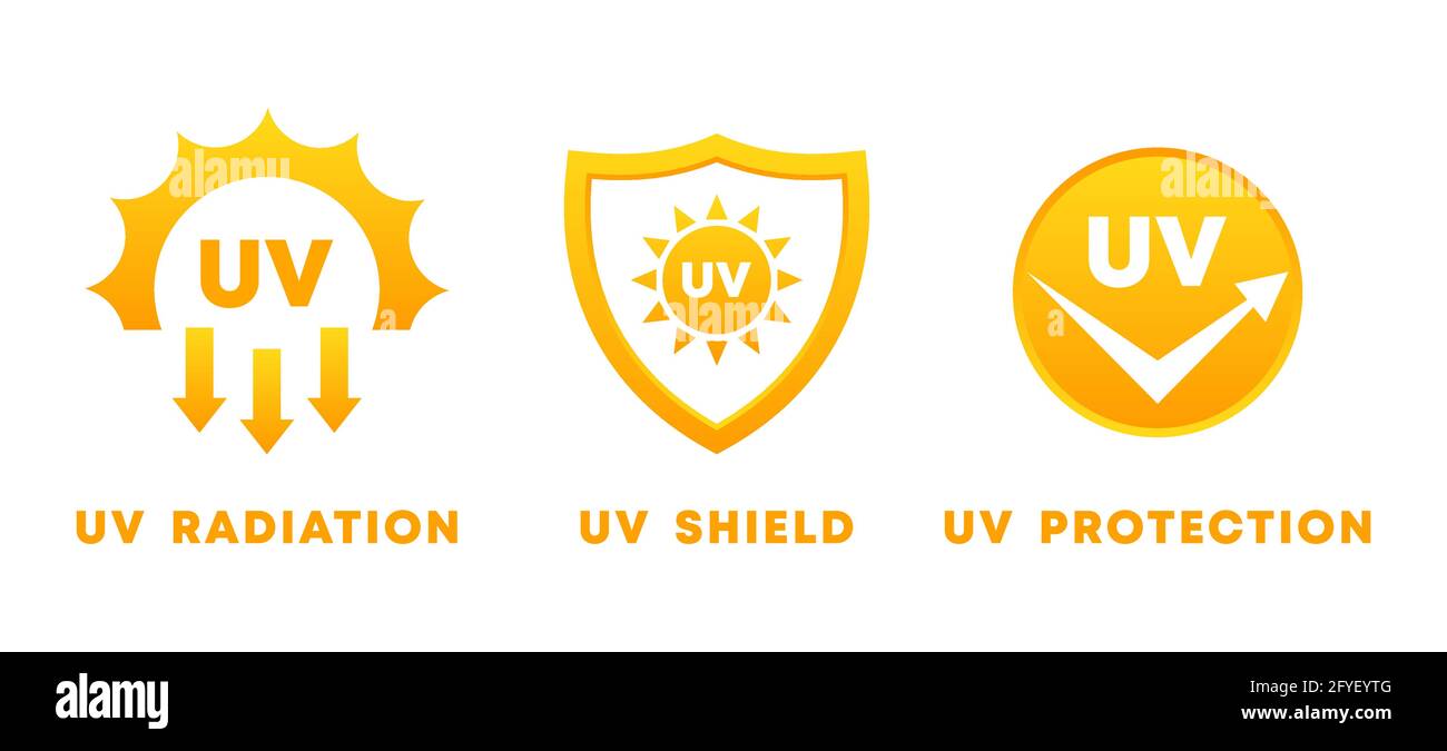 UV rays icon set. Ultraviolet protection, radiation and shield sign. Sun danger and sunblock cream solution. Yellow sun symbols. Skin care product Stock Vector