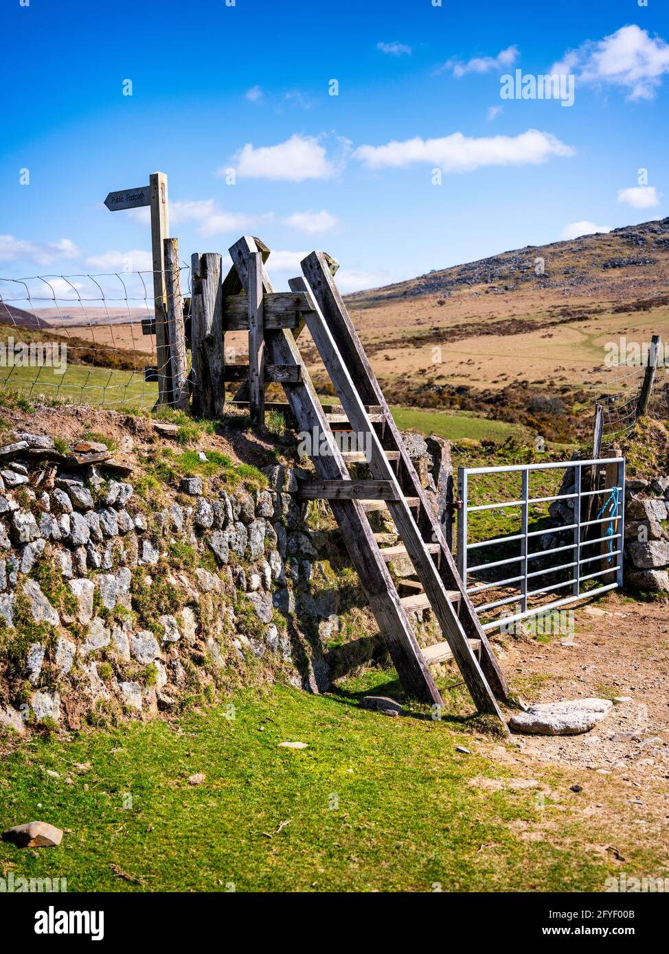 A traditional ladder stile over a wall near High Down Ford, Dartmoor