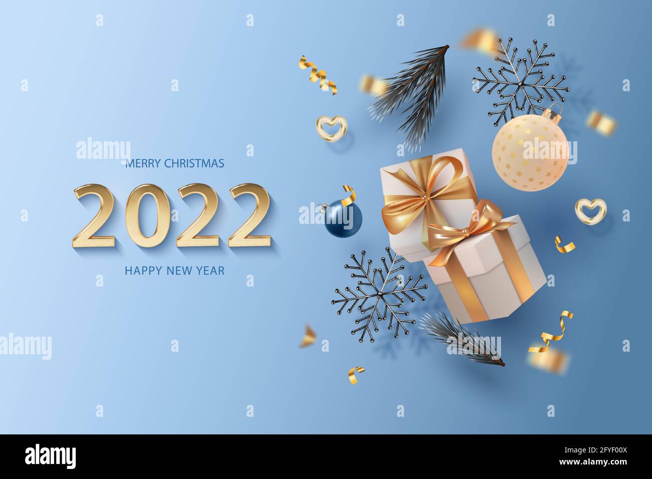 Happy New Year 2022 holiday banner. Christmas party background with  realistic festive objects Stock Vector Image & Art - Alamy