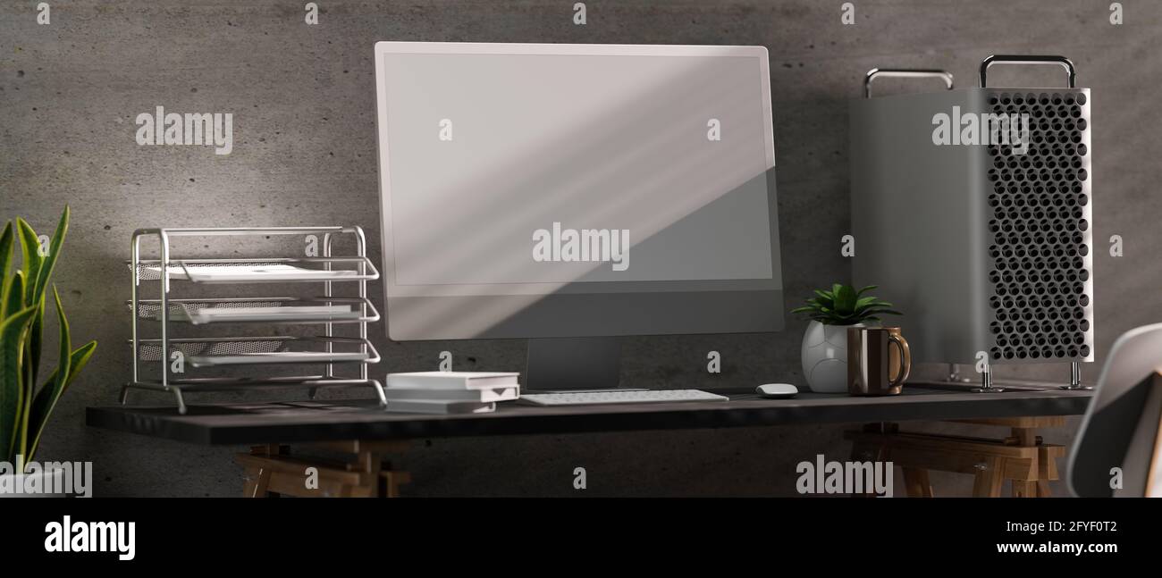 3D rendering, computer desk with office supplies and plant pots ...