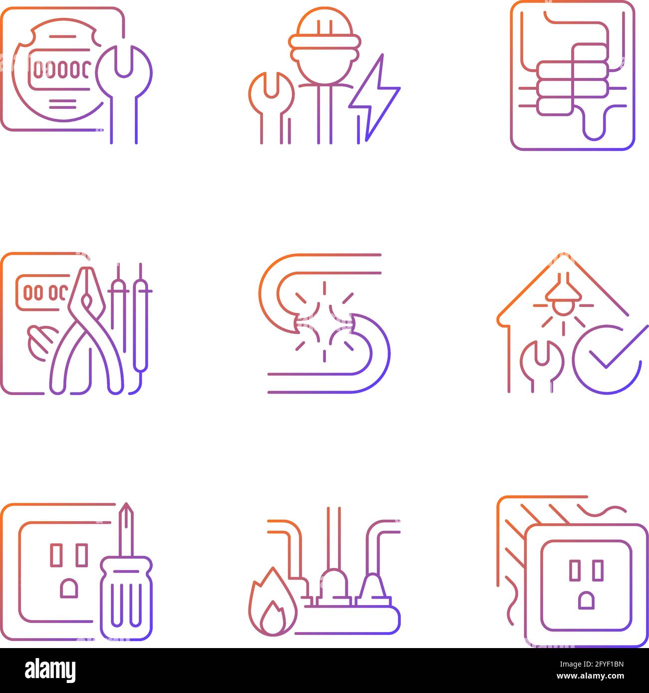 Electrician service gradient linear vector icons set Stock Vector