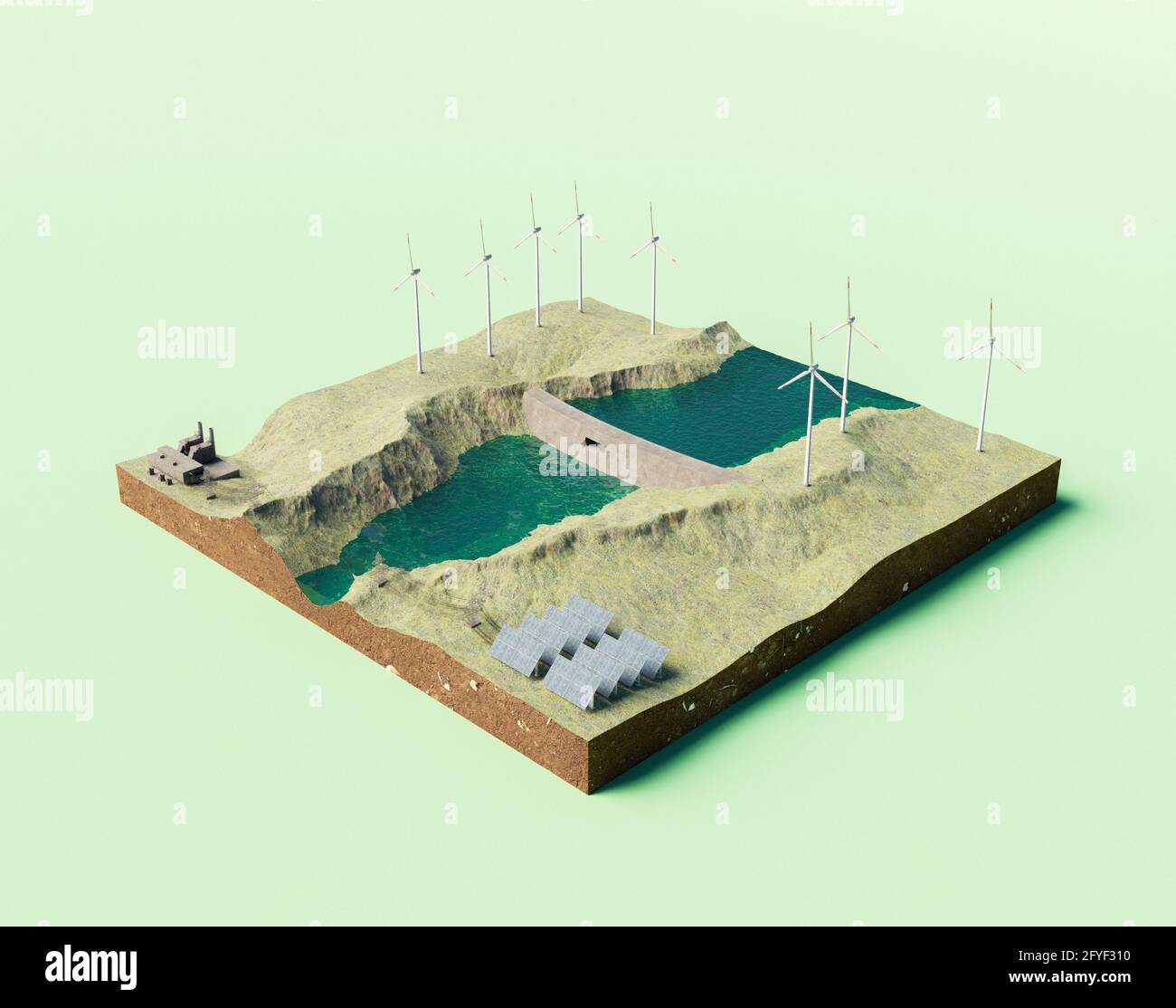 isometric terrain of power station with turbines, dam and solar panels. 3d render Stock Photo