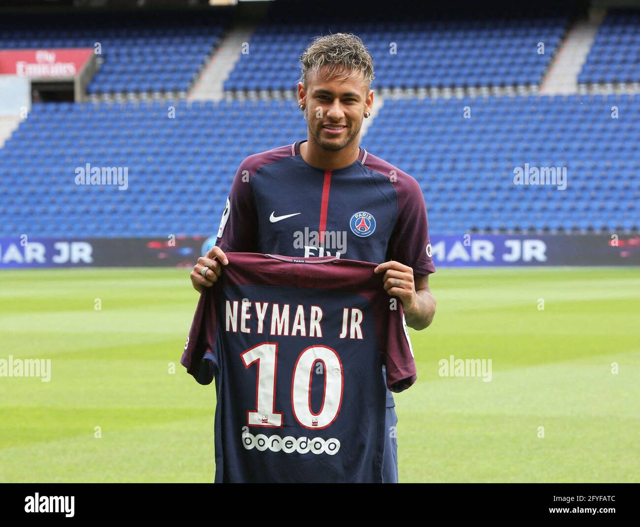 File photo dated August 4, 2017 of Neymar pitchside after a press  conference at the Parc des Princes, following his world record breaking €  220million transfer from FC Barcelona to Paris Saint