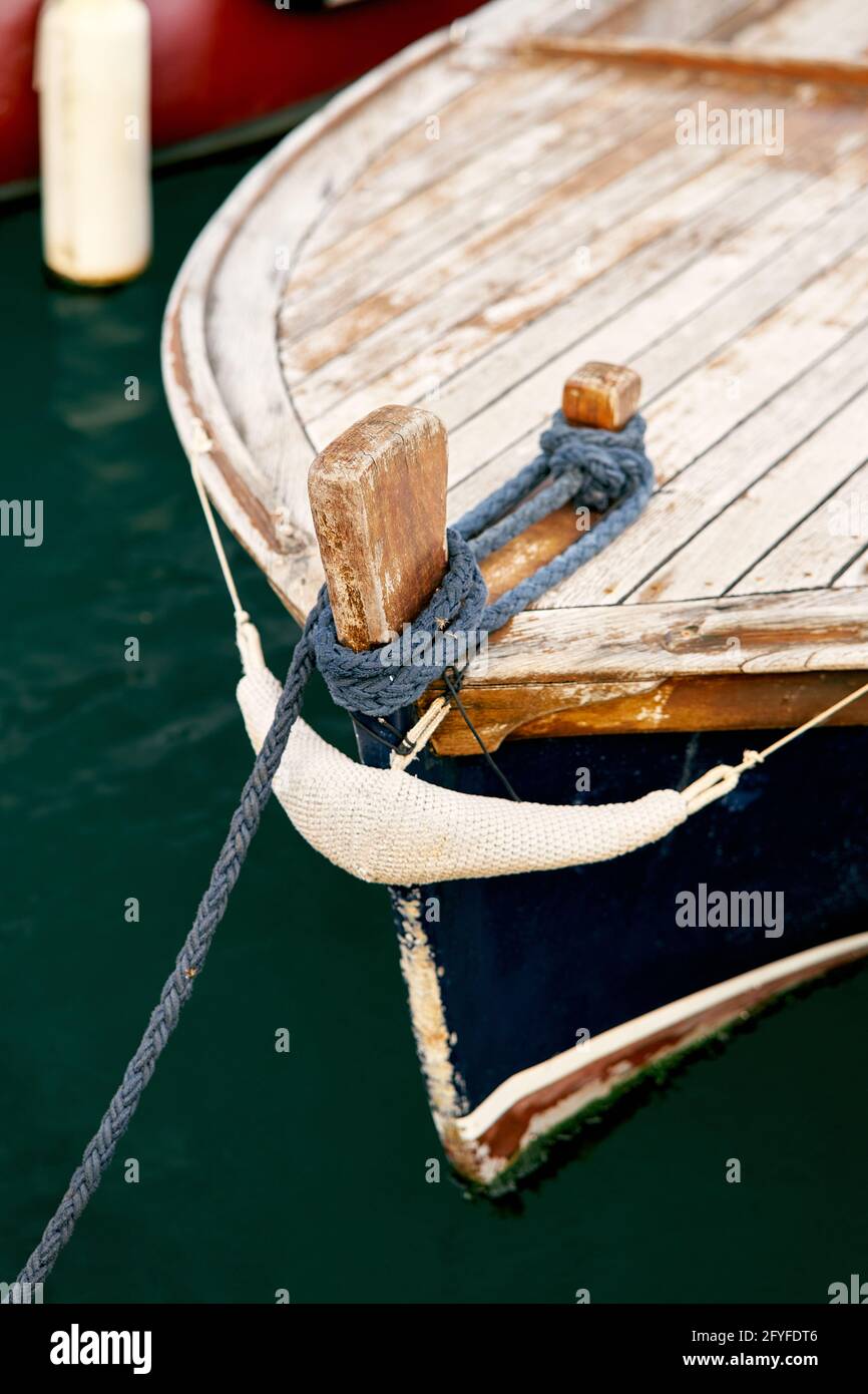 Bow of a wooden boat with an anchor rope attached. Close-up Stock Photo -  Alamy