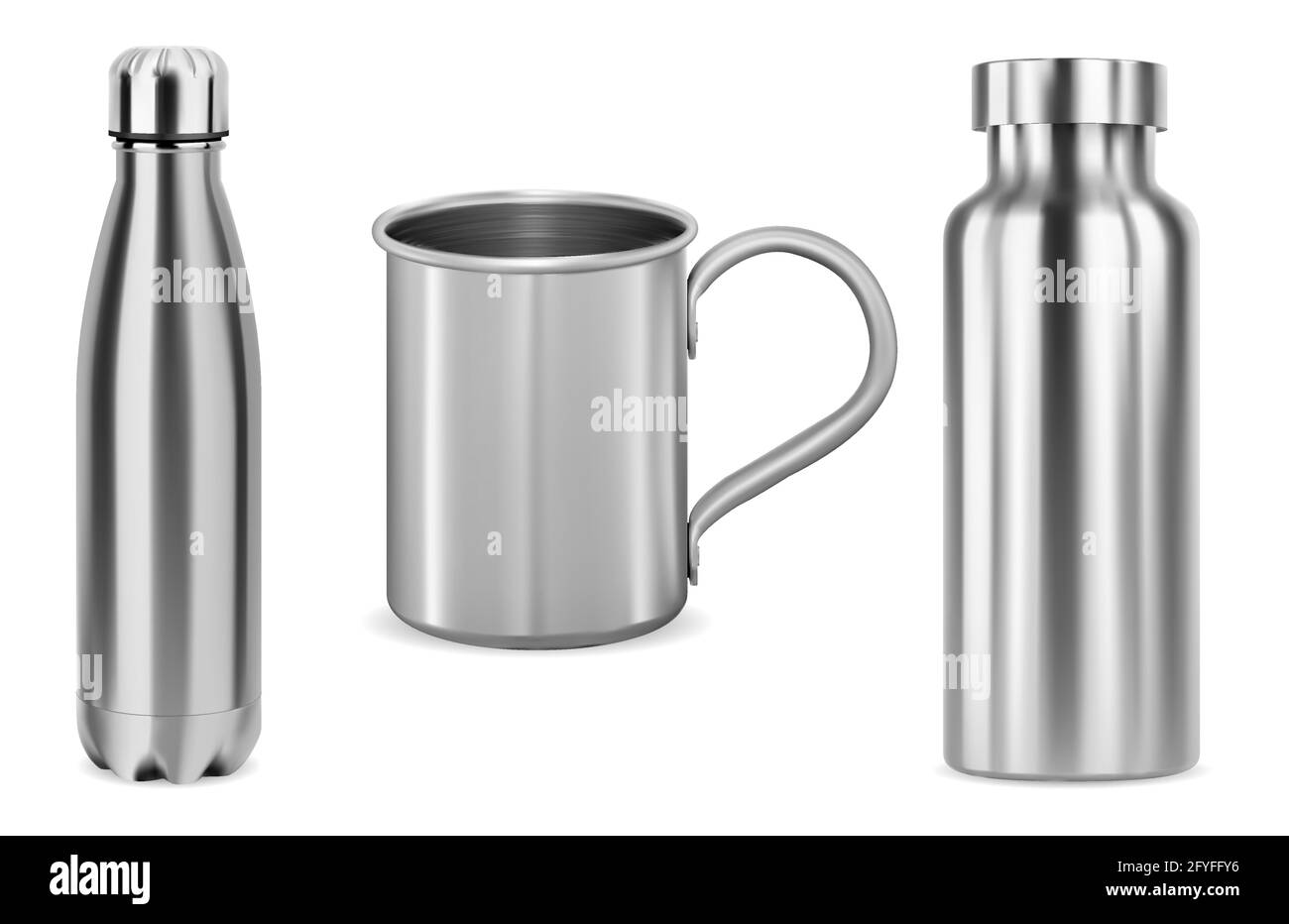 Metal bottle, tumbler, cup. Stainless steel thermo flask, 3d vector