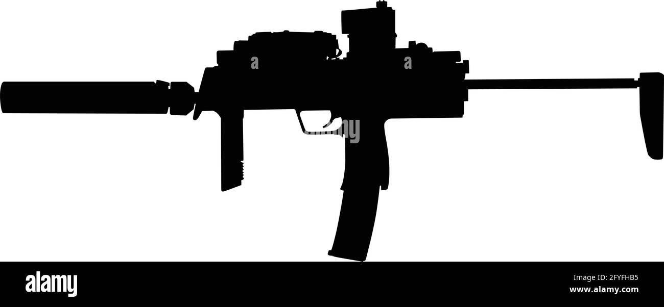 Vector image silhouette of modern military assault submachine rifle symbol silhouette illustration isolated on white background. Army and police weapons. Stock Vector