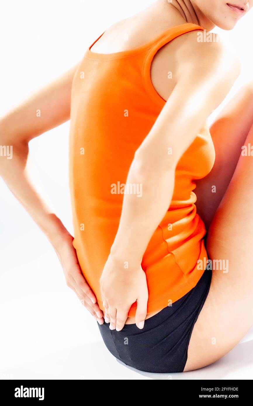 Woman suffering from lumbar pain. Stock Photo