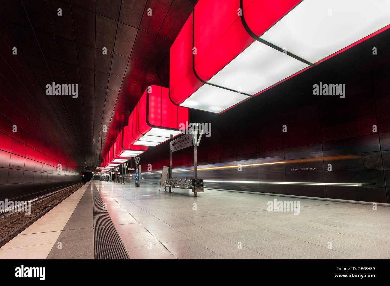 Hafen City Underground Station in Hamburg with the colourful lightning Stock Photo