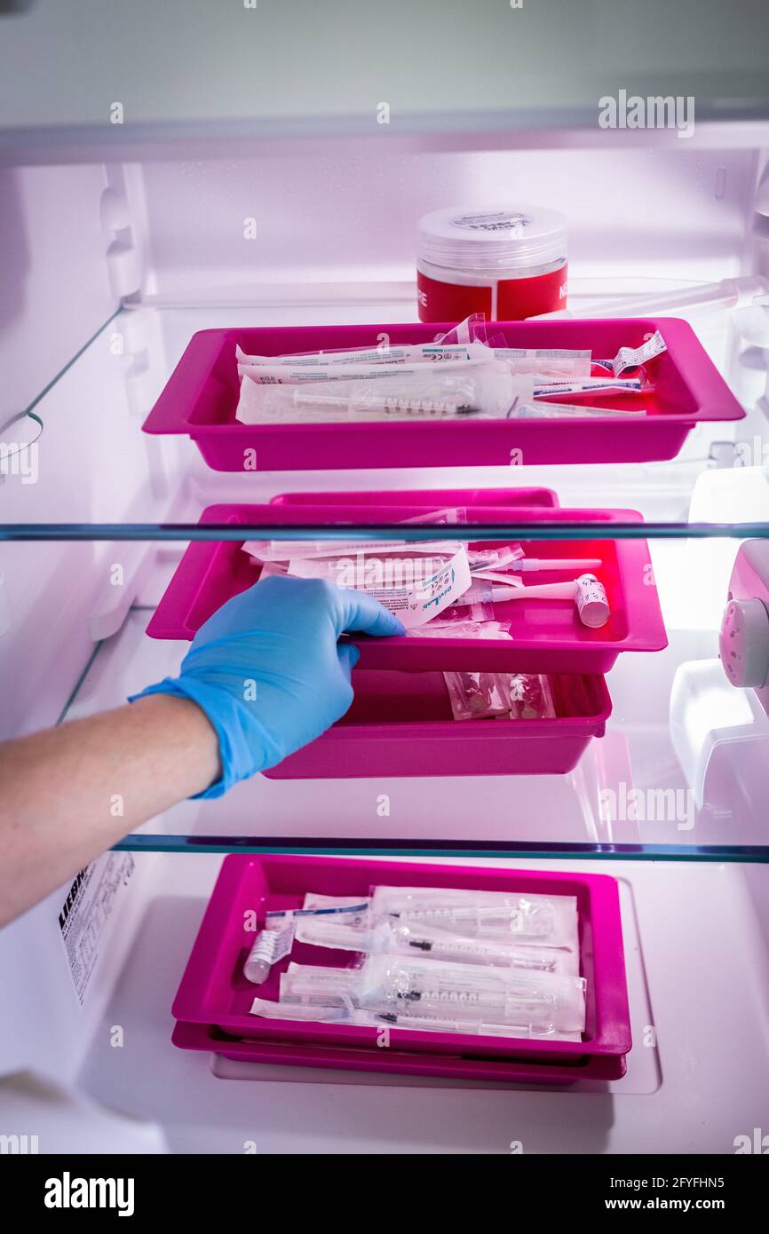 Storage and preparation of Pfizer / BioNtech vaccine doses, COVID vaccination center at Limoges University Hospital, February 4, 2021. Stock Photo