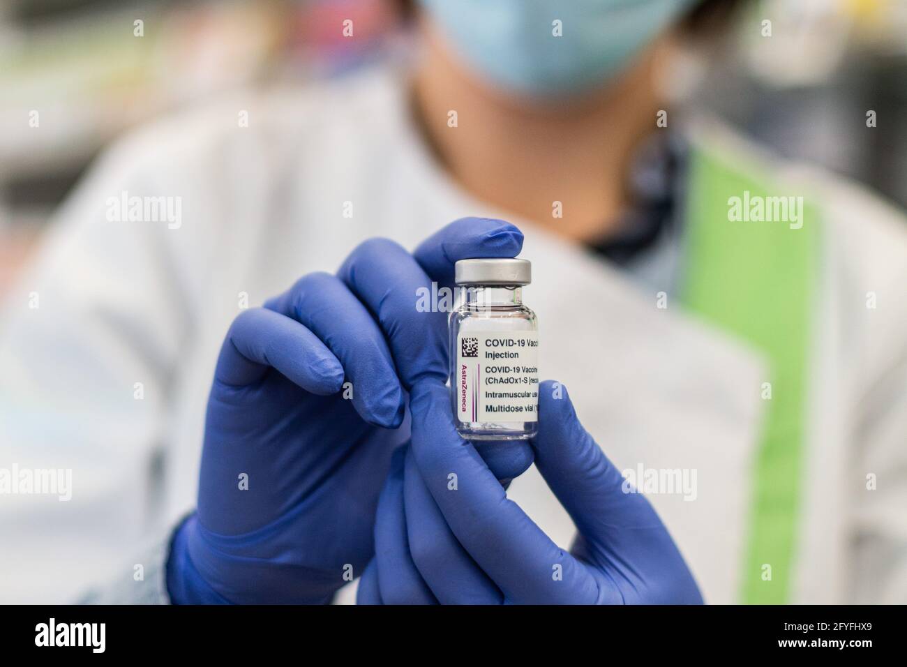 AstraZeneca ® vaccin against Covid-19 in a pharmacy, France, march 2021. Stock Photo