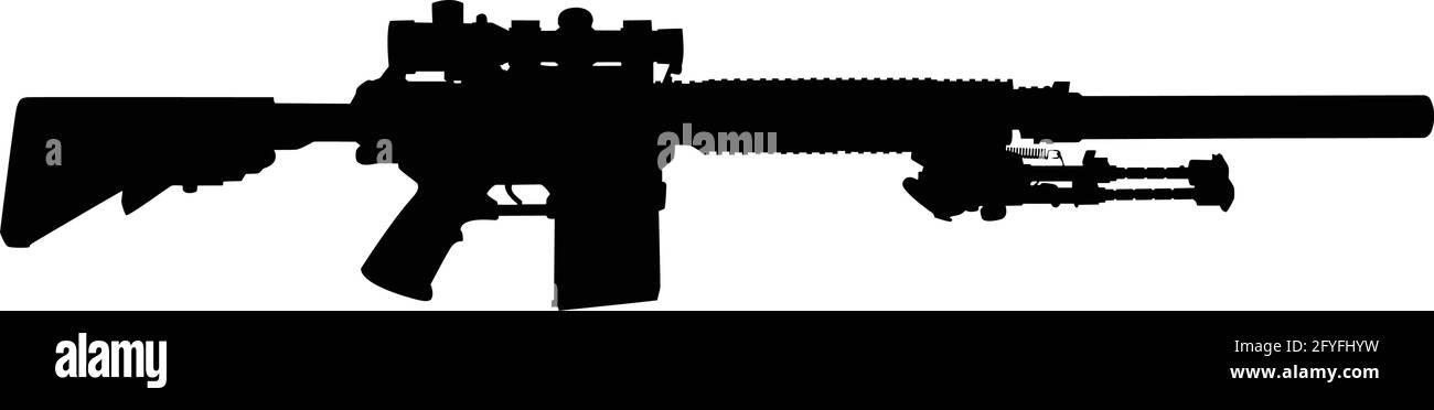 Vector image silhouette of modern military sniper rifle symbol illustration isolated on white background. Army and police weapons. Stock Vector