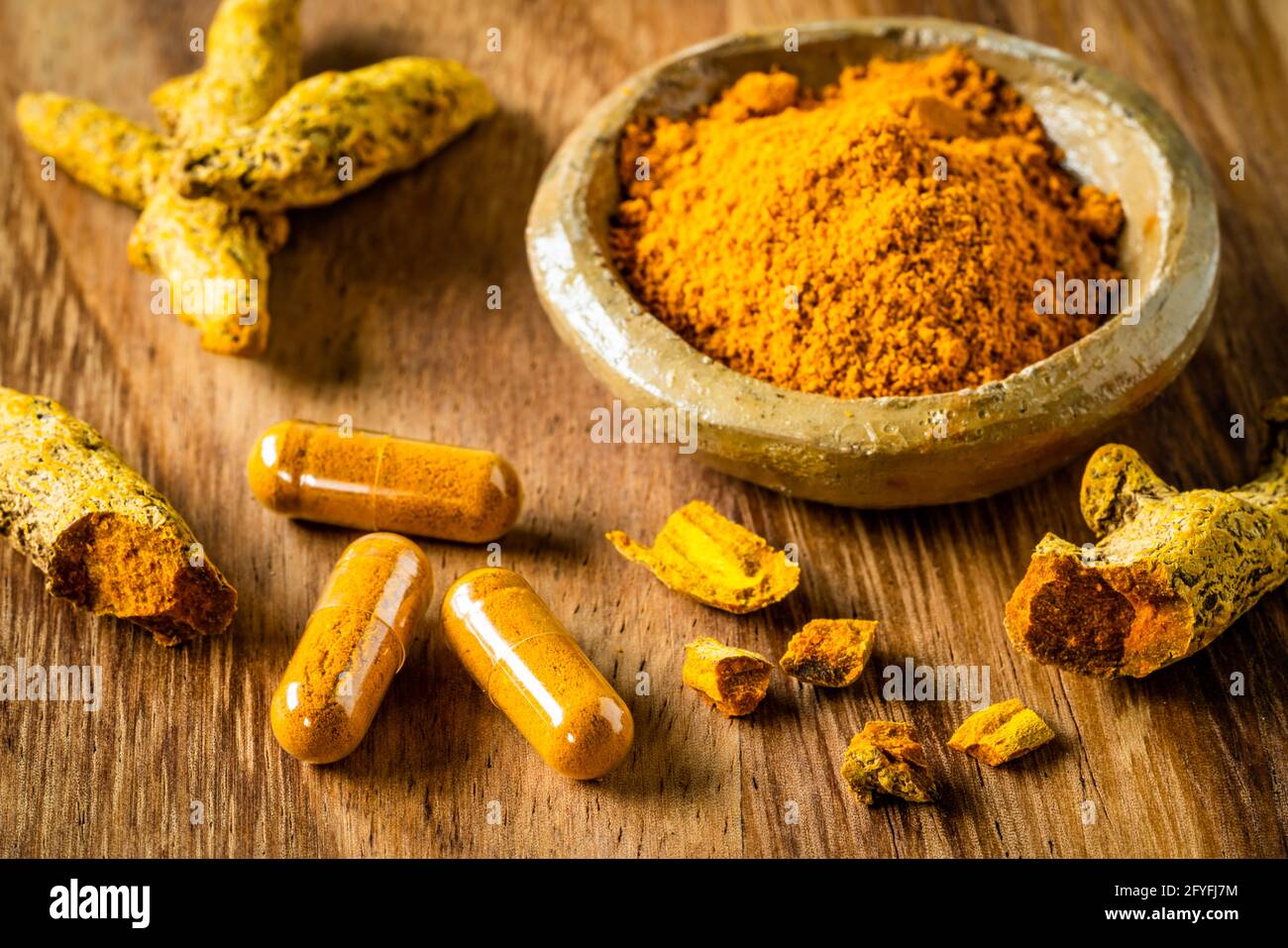 Turmeric food supplements. Stock Photo