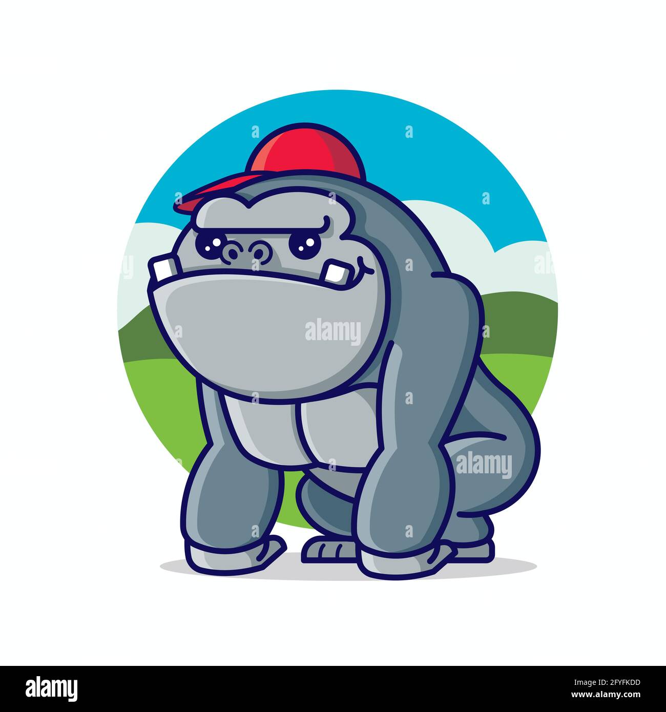 Cartoon cute king kong gorilla wearing red cap with nature forest  background Stock Vector Image & Art - Alamy