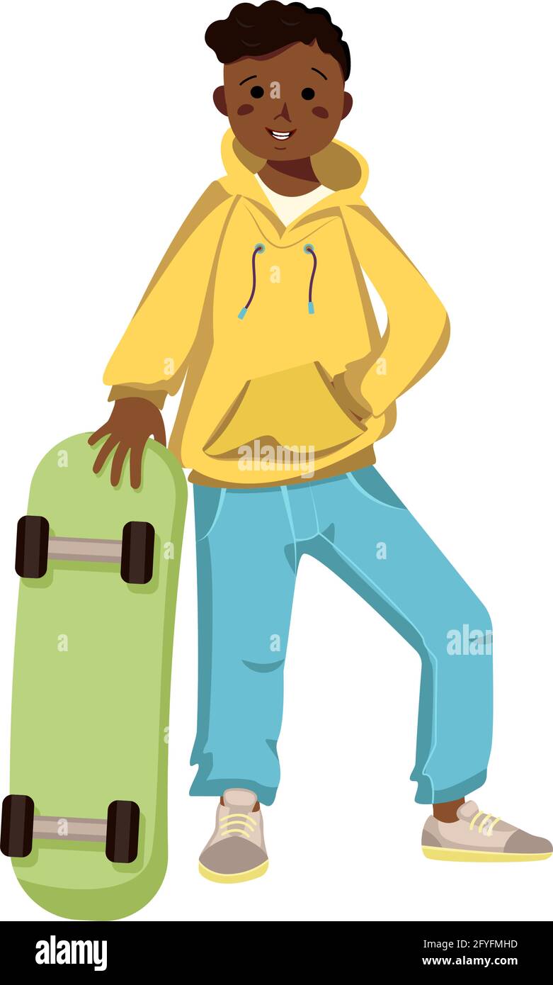 A dark skinned boy in hoodie, jeans and sneakers smiles. Happy kid with curly black hair. Afro American teenager in casual clothes and skateboard Stock Vector