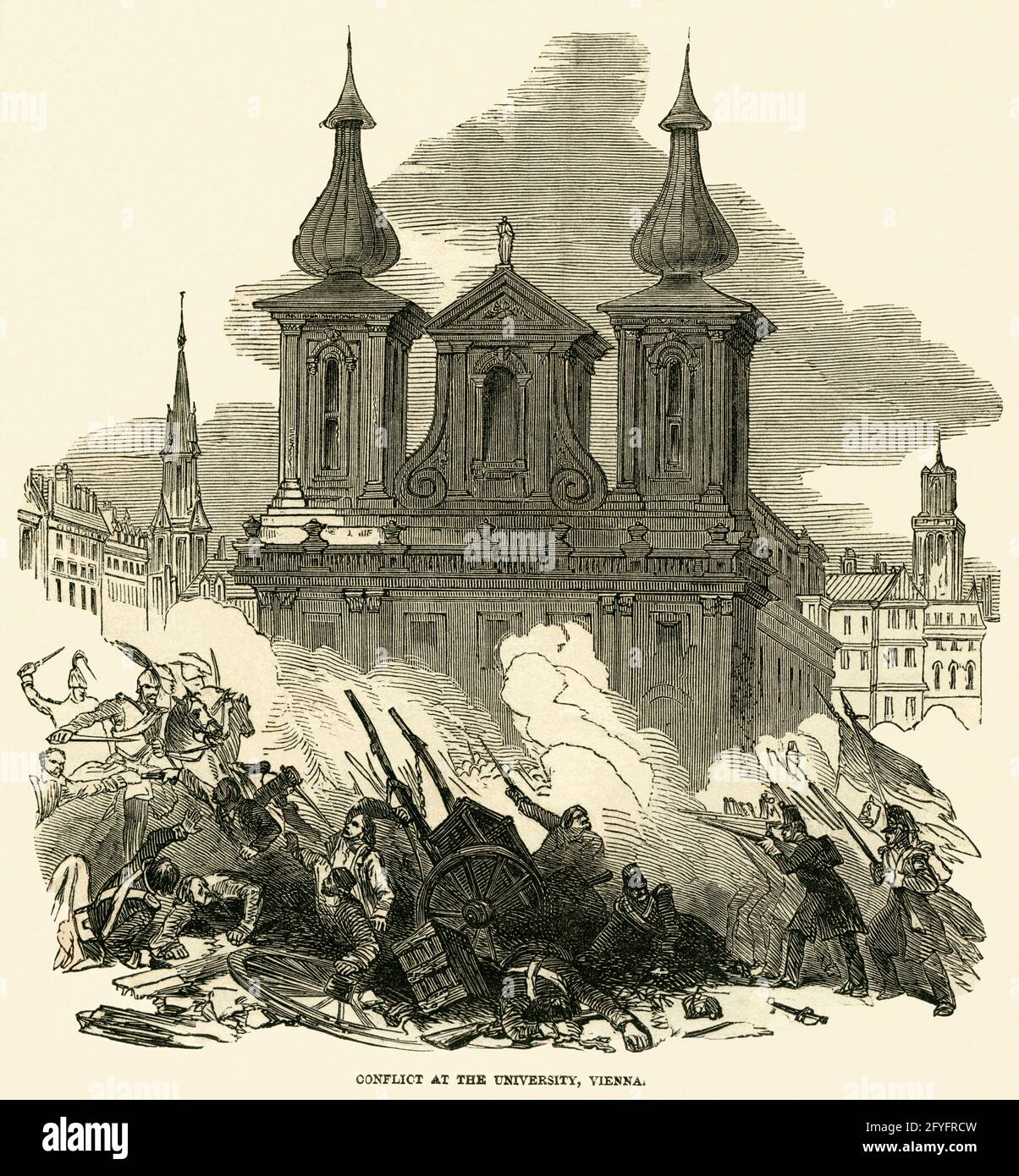 Europa, Österreich, Wien, Wiener Oktoberaufstand, Aufständische bei der Universität , Motiv aus : ' The Illustrated London News ' , vom 21. Oktober 1848 .  /  Europe, Austria, Vienna, October rebellion, insurgents infront of university , image from : ' The Illustrated London News ' , October 21, 1848 . Stock Photo