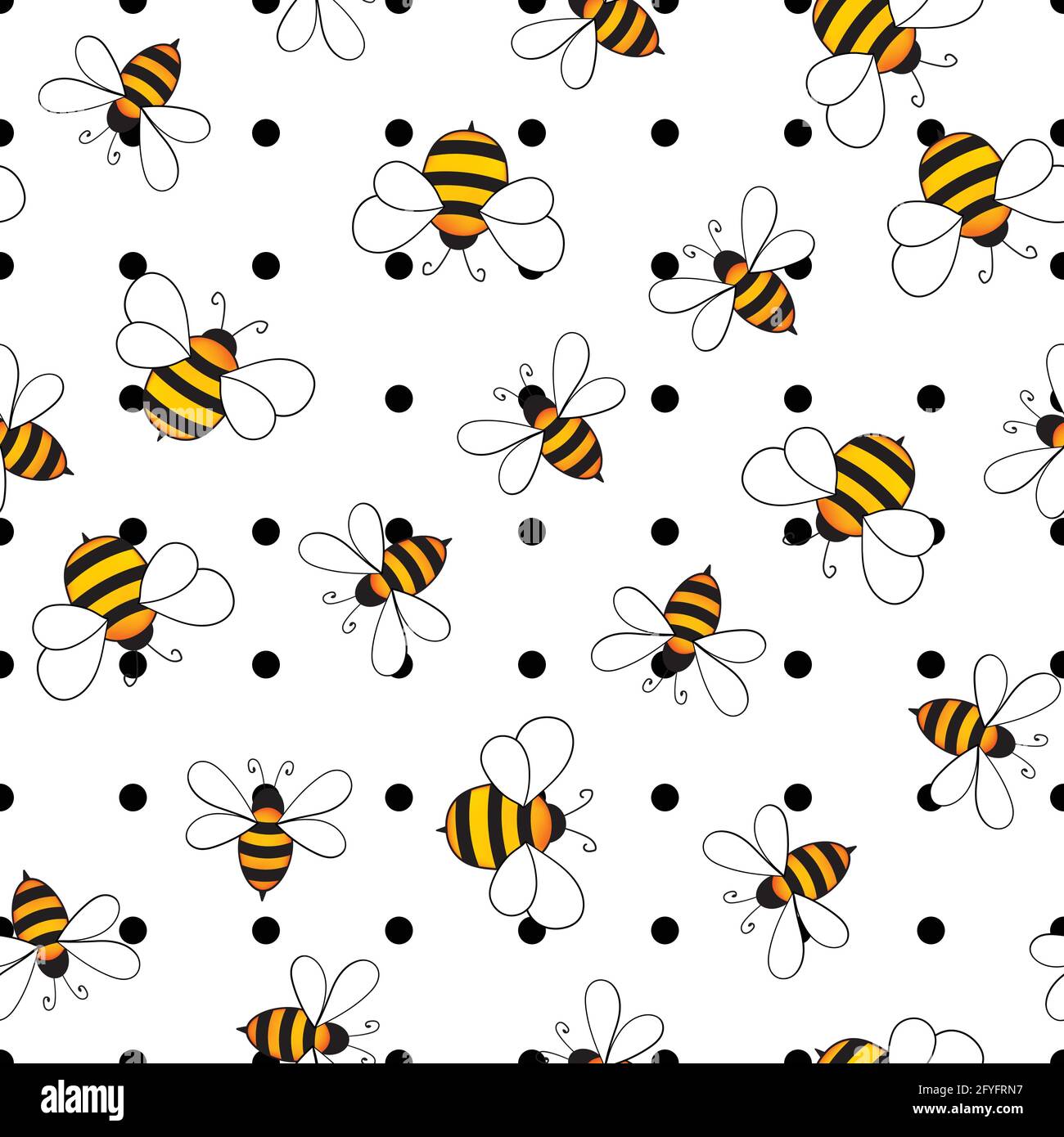 Seamless pattern with bees on white polka dots background. Small wasp ...