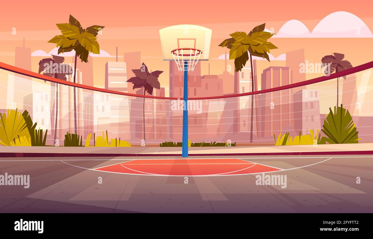 Vector Cartoon Background Of Basketball Court In Tropic City Outdoor Sports Arena With Basket For Game Street Playground In Town Backdrop With Gree Stock Vector Image Art Alamy