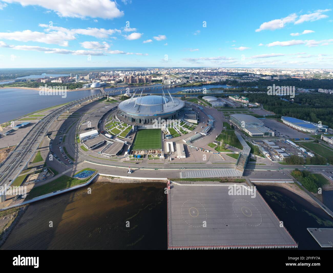 Russia, St.Petersburg, 01 September 2020: Drone point of view of new stadium Gazprom Arena, Euro 2020, retractable soccer field, skyscraper Lakhta Stock Photo