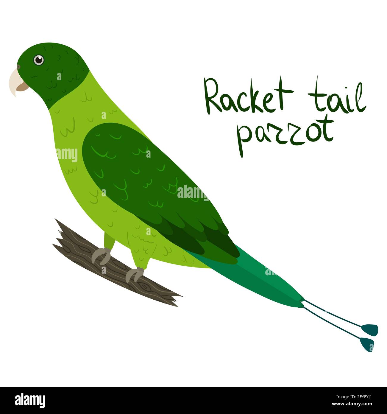 Green racket-tail parrot in cartoon style on white background. Vector hand drawn illustration. Prioniturus luconensis Stock Vector