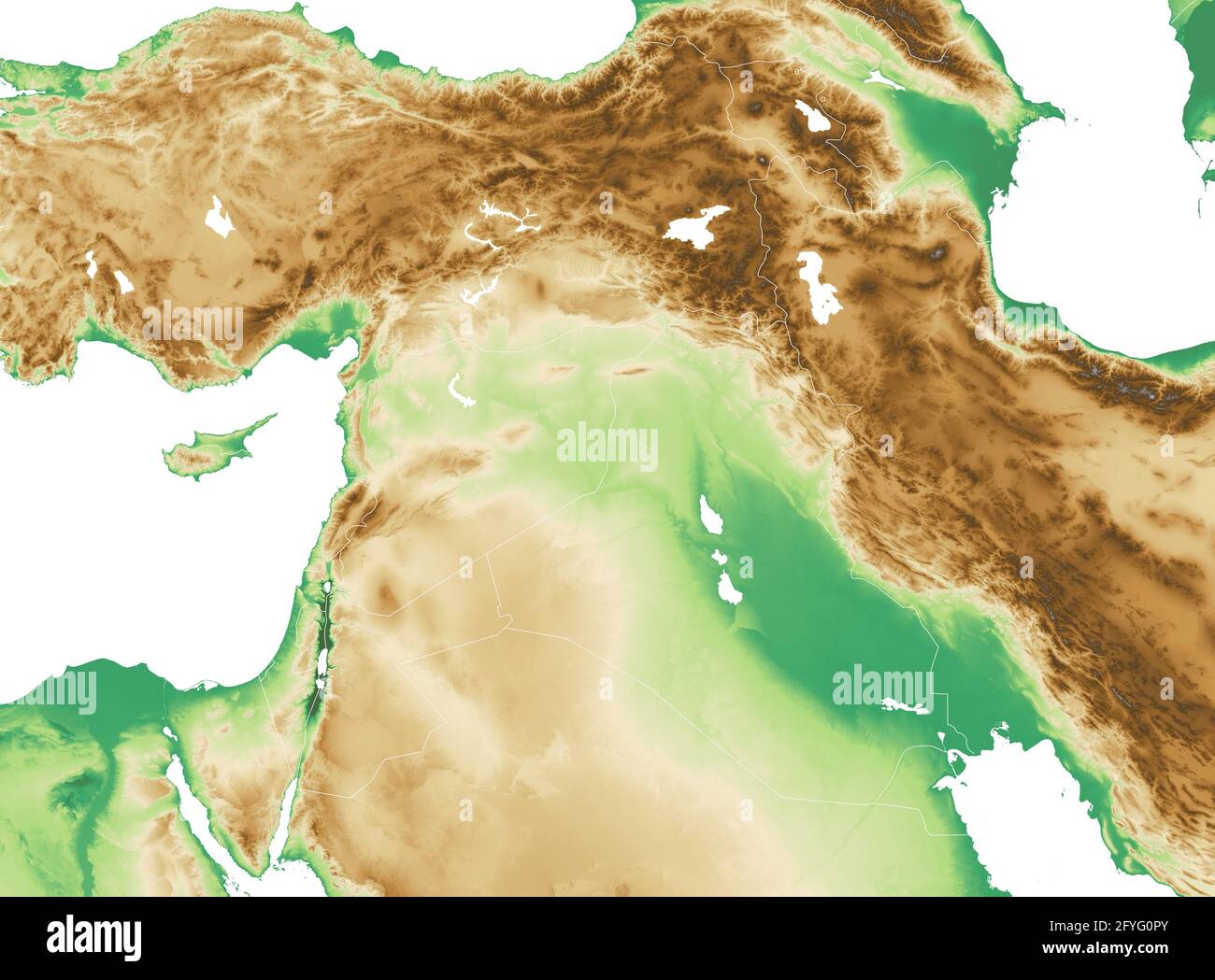 Physical map of the eastern area of the Mediterranean Sea, states and borders, North Africa and the Middle East. Mountains, lakes and plains. Syria Stock Photo