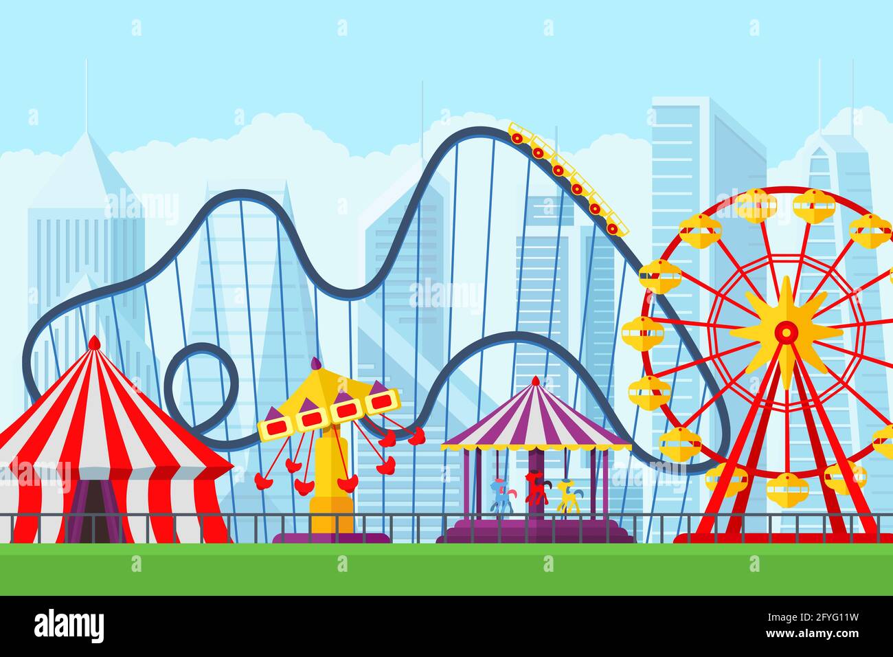 Amusement park with circus carousels roller coaster and attractions entertainment in city. Fun fair and carnival theme landscape. Ferris wheel and merry-go-round festival vector illustration banner Stock Vector