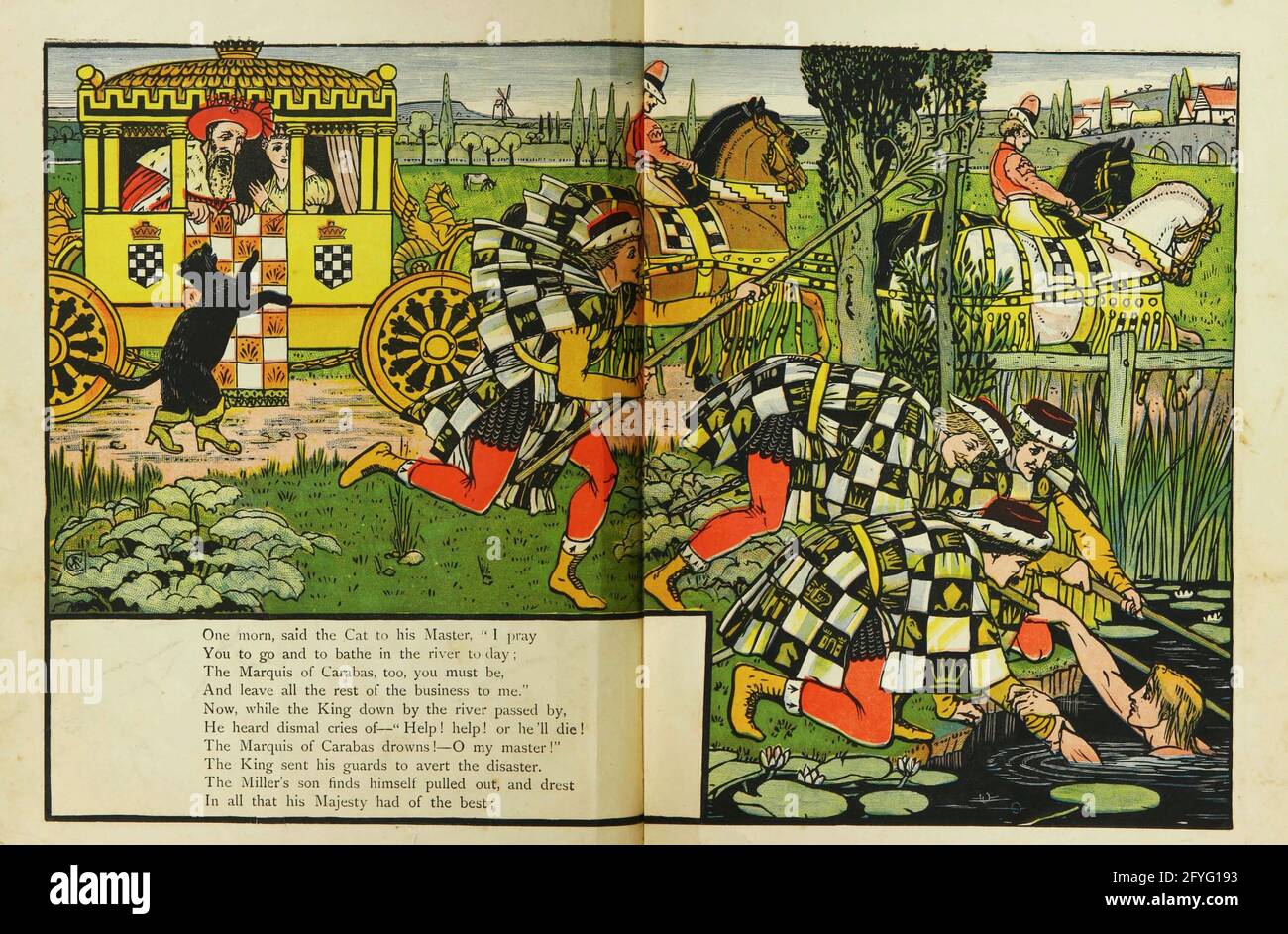 Puss in Boots [Master Cat or the Booted Cat is an Italian and later European literary fairy tale about an anthropomorphic cat who uses trickery and deceit to gain power, wealth, and the hand of a princess in marriage for his penniless and low-born master.] From the Book The Marquis of Carabas' picture book : containing Puss in Boots, Old Mother Hubbard, Valentine and Orson, the absurd ABC. Illustrated by Walter Crane, Edmund Evans, and Sarah Catherine Martin. Publisher London (The Broadway, Ludgate) ; New York (416 Broome Street) : George Routledge and Sons in 1874 Stock Photo