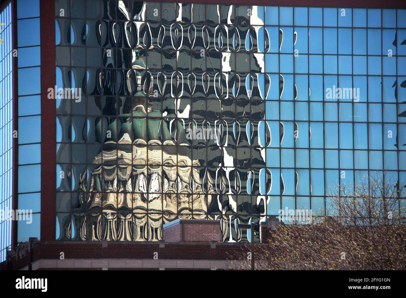 Reflection on the glass facade of building in downtown Fort Wayne, IN