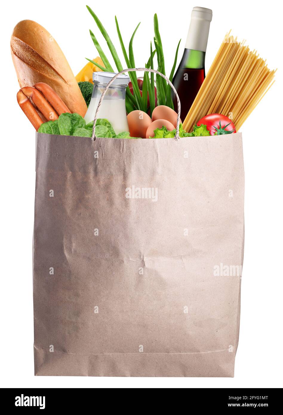 Grocery paper bag with fresh vegetables, bottle of wine and other foodstuffs on white background. File contains clipping path. Stock Photo