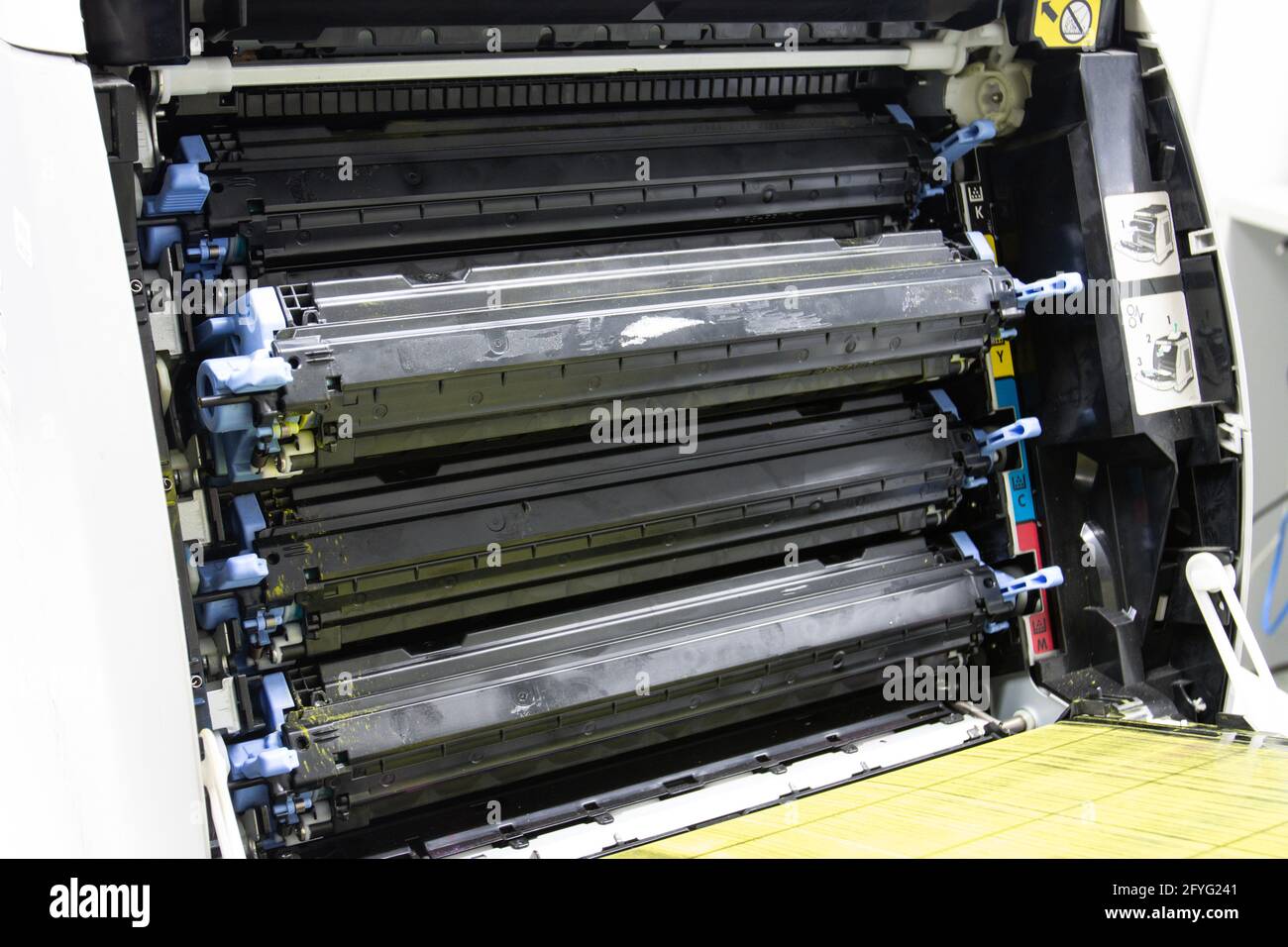 A laser printer toner cartridge 4 color On the back of the printer Stock Photo