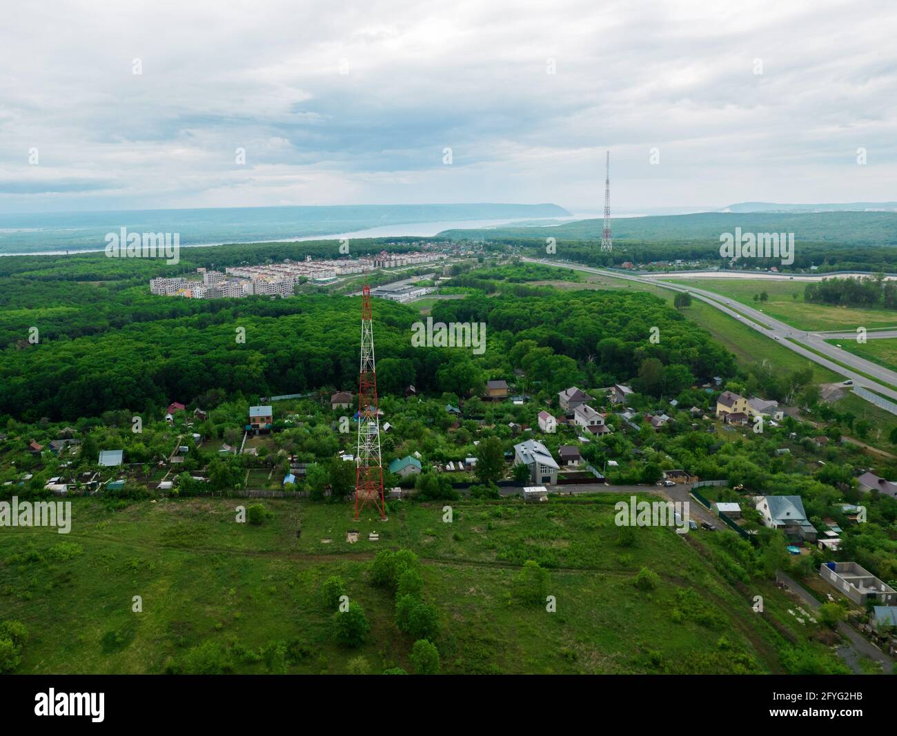 Communication tower in country land aerial video Stock Photo
