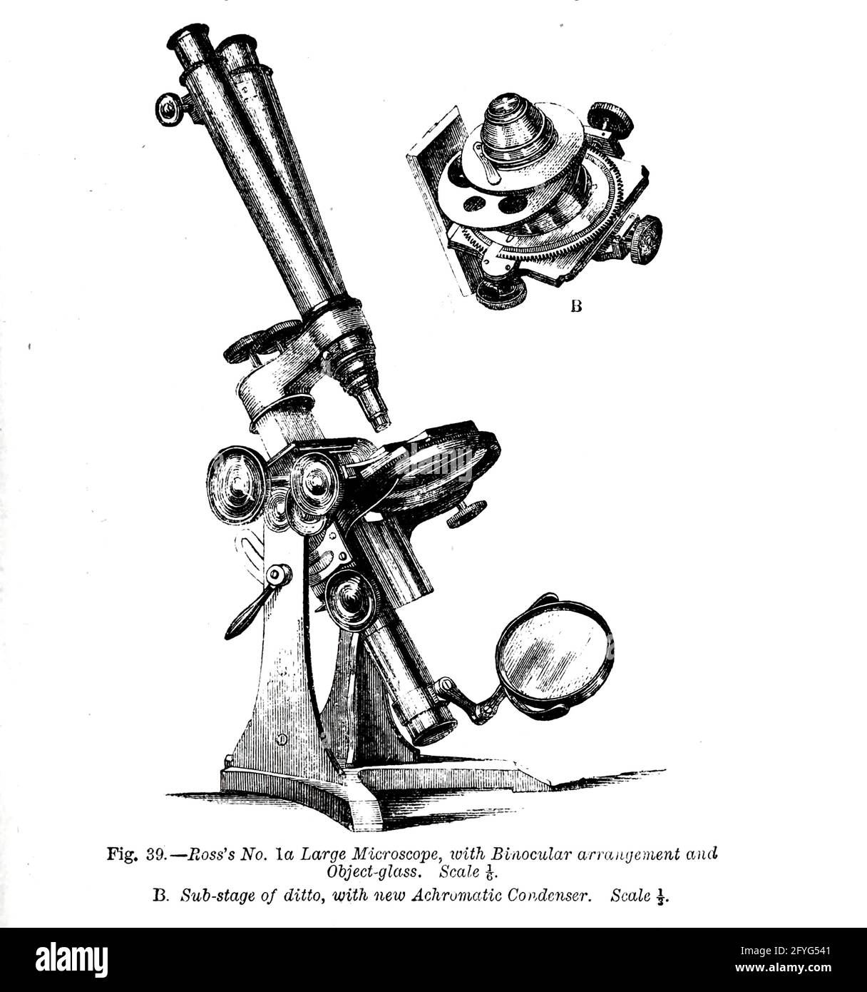 Fig. 39. Ross's No. 1a Large Microscope, with Binocular arrangement and Object-glass. And Sub-stage of ditto, with new Achromatic Condenser. From the book '  The microscope : its history, construction, and application ' by Hogg, Jabez, 1817-1899 Published in London by G. Routledge in 1869 with Illustrations by TUFFEN WEST Stock Photo