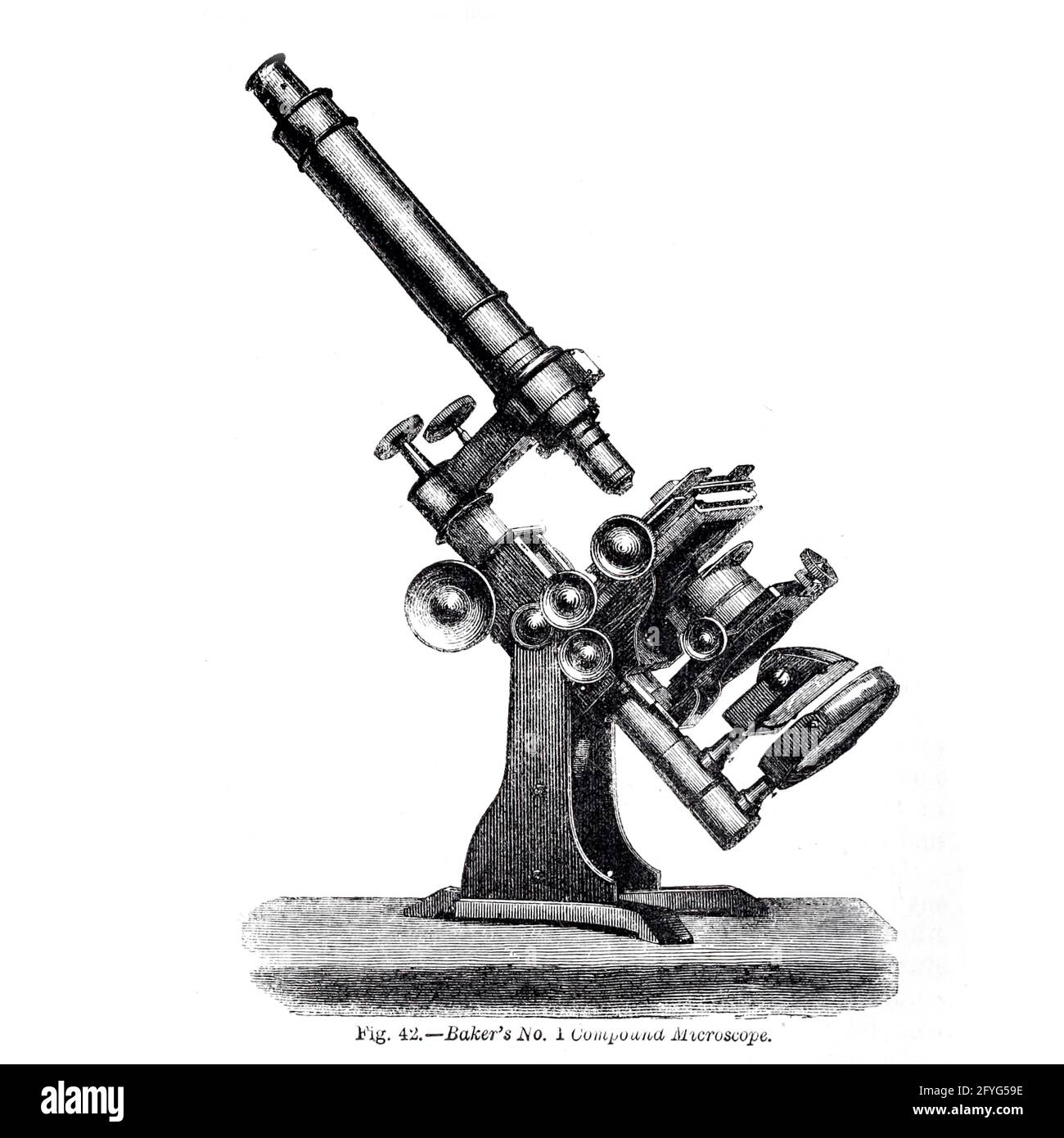 Fig 42. Baker's No. 1 Compound, Microscope. From the book '  The microscope : its history, construction, and application ' by Hogg, Jabez, 1817-1899 Published in London by G. Routledge in 1869 with Illustrations by TUFFEN WEST Stock Photo