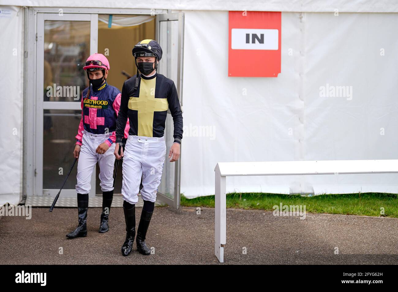 A general view as jockeys leave the temporary weighing room at Brighton Racecourse. Picture date: Friday May 28, 2021. Stock Photo