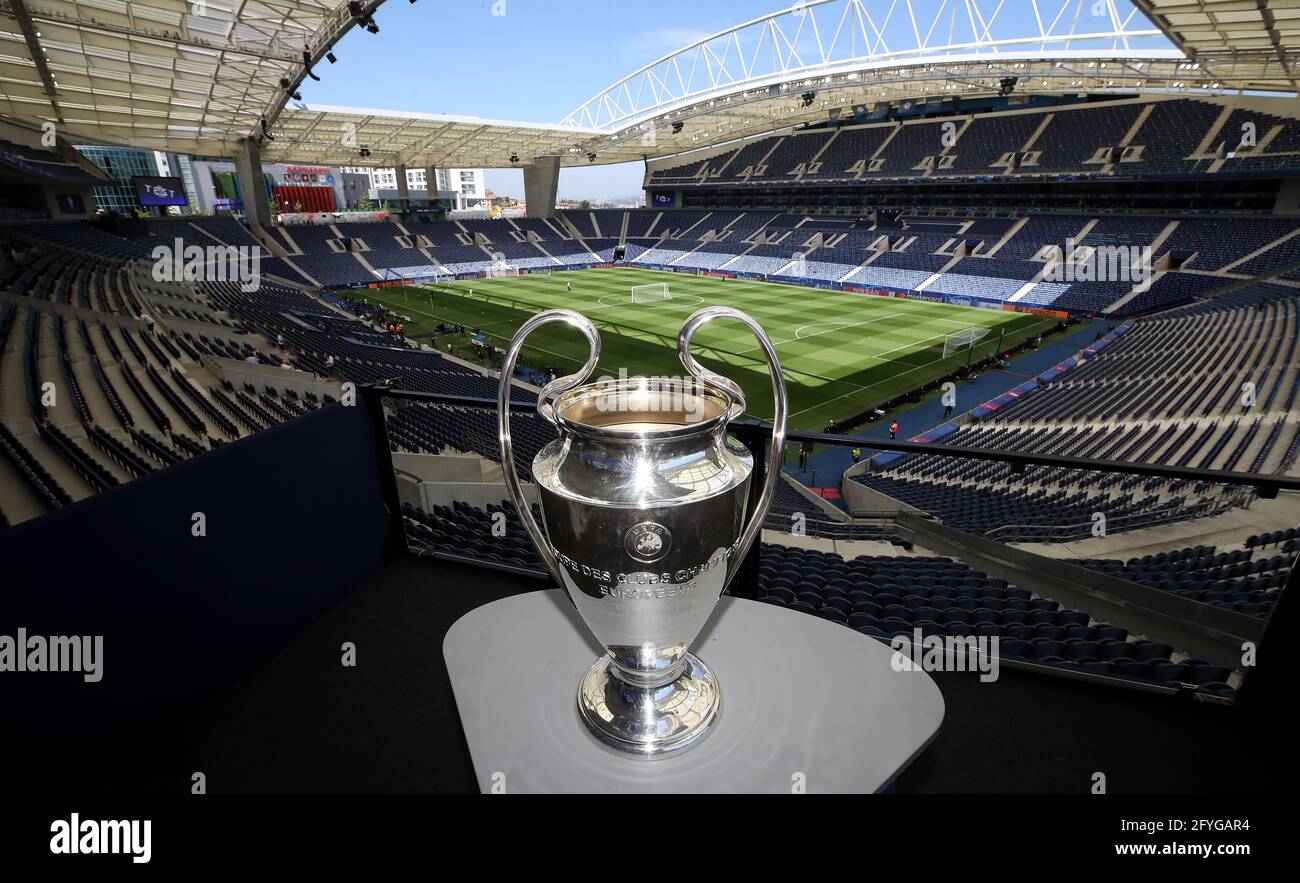 The UEFA Champions League trophy on display in the a training session ahead of