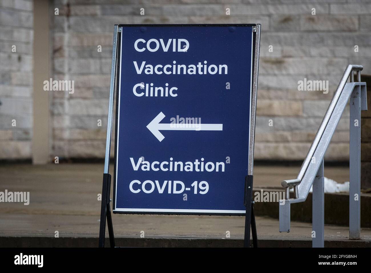 A sign for the COVID vaccination clinic at Kingston General Hospital (KGH) in Kingston, Ontario on Saturday, January 16, 2021, as the COVID-19 pandemi Stock Photo