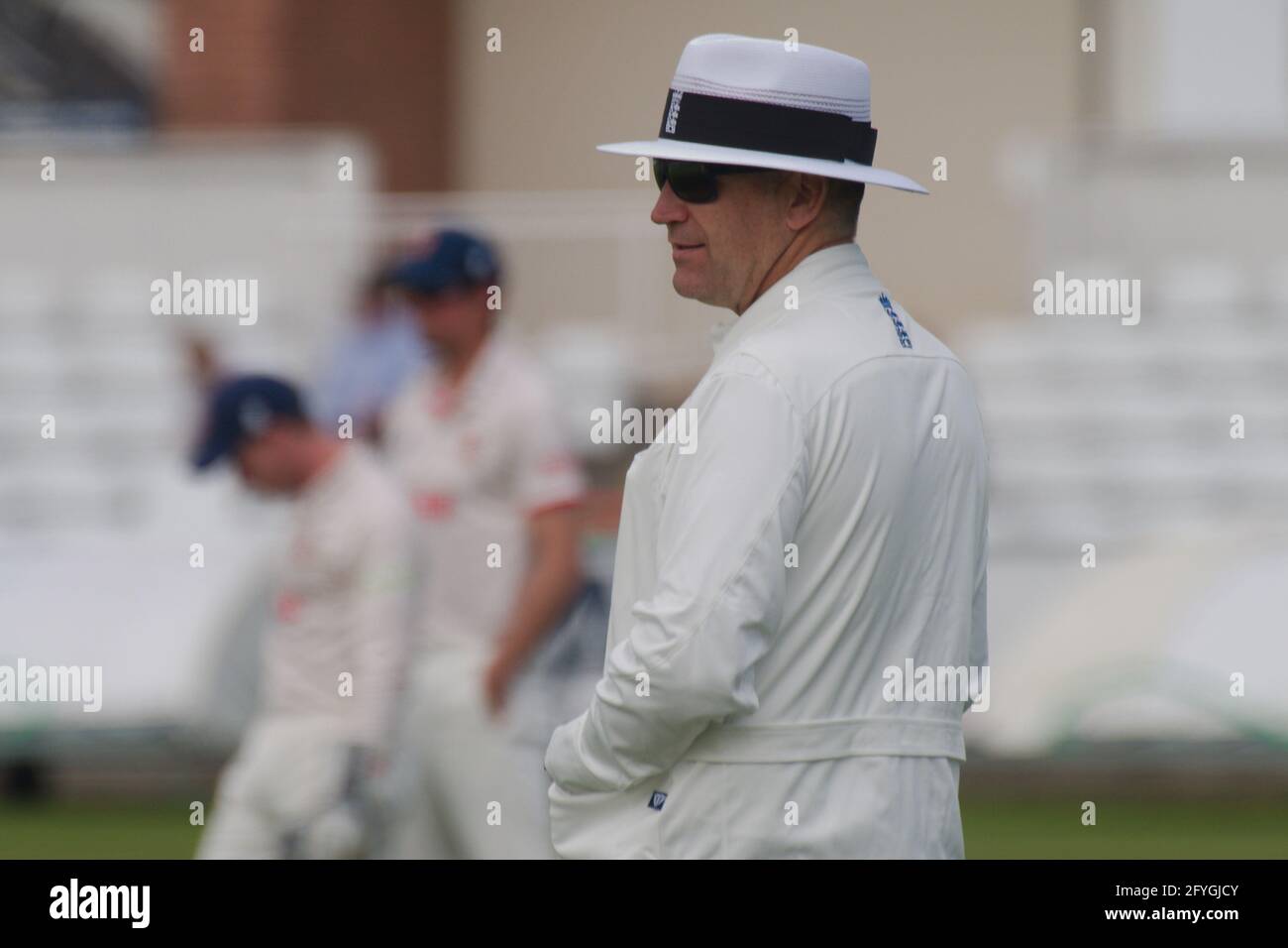 Chester le Street, England, 28 May 2021. James Middlebrook, umpire, standing in the Durham against Essex LV= County Championship match at the Riverside Ground, Chester le Street. Credit: Colin Edwards/Alamy Live News. Stock Photo