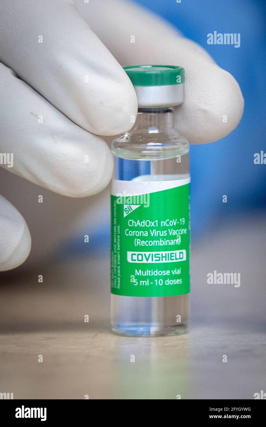 A vial of the AstraZeneca COVID-19 vaccine at a pharmacy in Kingston, Ontario on Thursday, March 18, 2021, as the COVID-19 pandemic continues across C Stock Photo