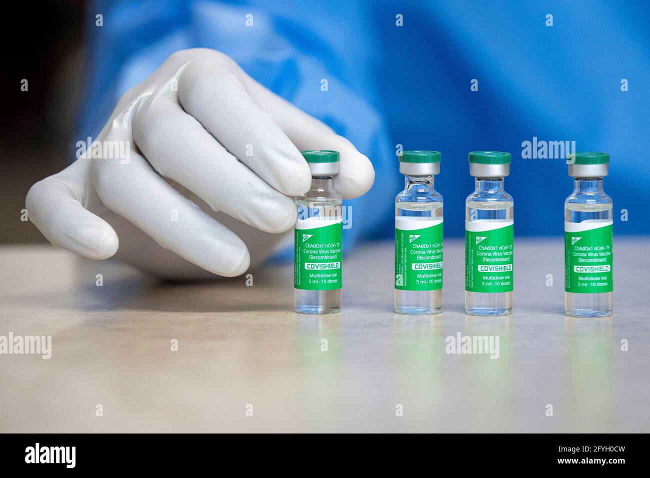 Several vials of the AstraZeneca COVID-19 vaccine at a pharmacy in Kingston, Ontario on Thursday, March 18, 2021, as the COVID-19 pandemic continues a Stock Photo