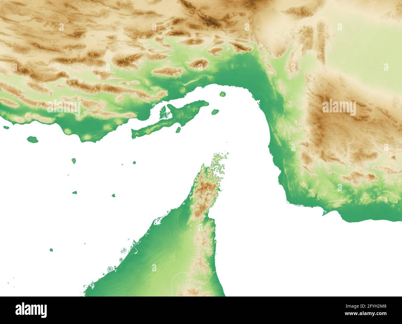 Strait of Hormuz. Map of the Middle East, Persian Gulf and Indian Ocean connecting across the Strait of Hormuz. Satellite view of Iran, UAE Stock Photo