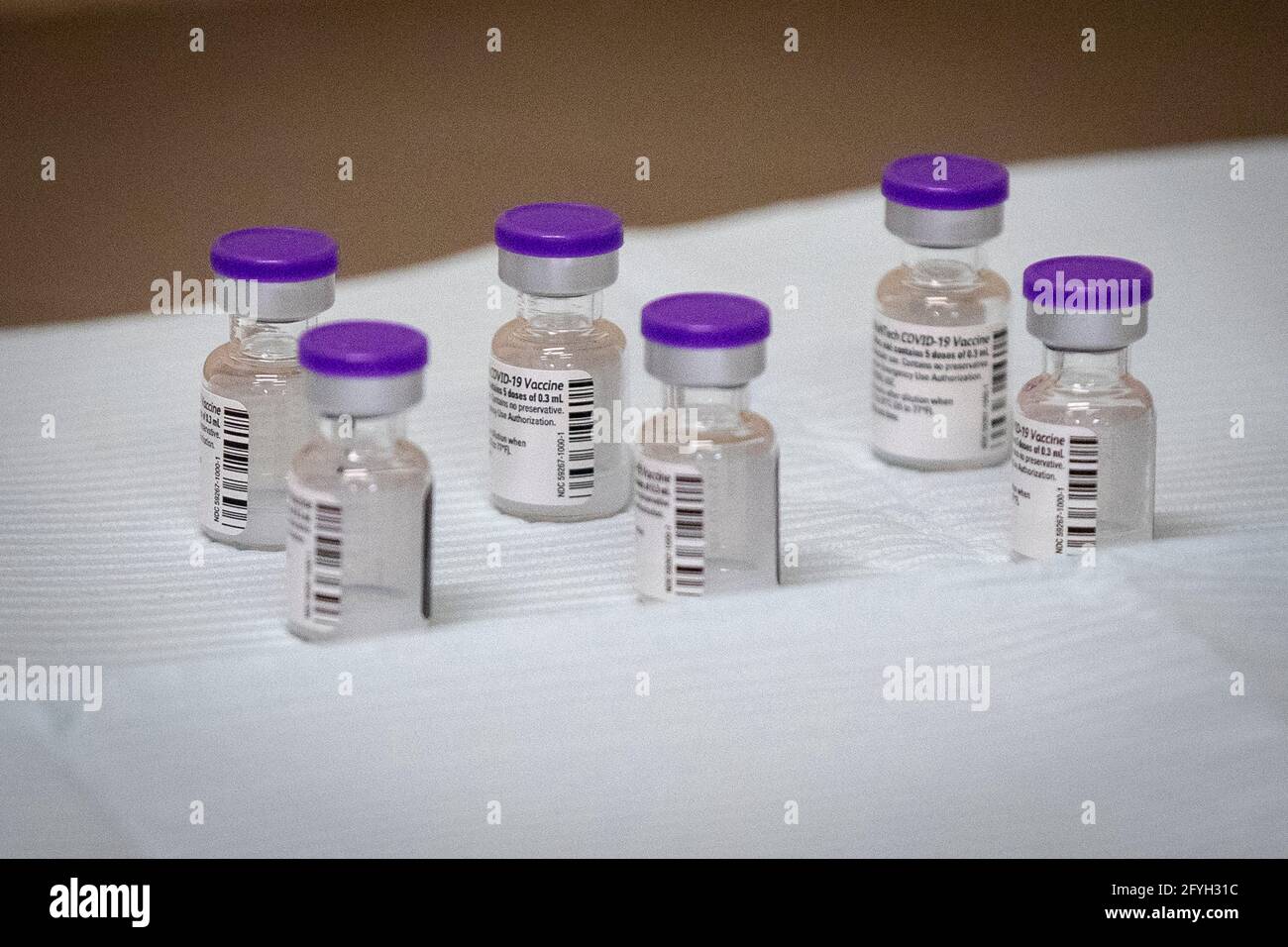 Several vials of Pfizer-BioNTech COVID-19 vaccine at the Strathcona Paper Centre in Napanee, Ontario on Monday, March 15, 2021, as the COVID-19 pandem Stock Photo