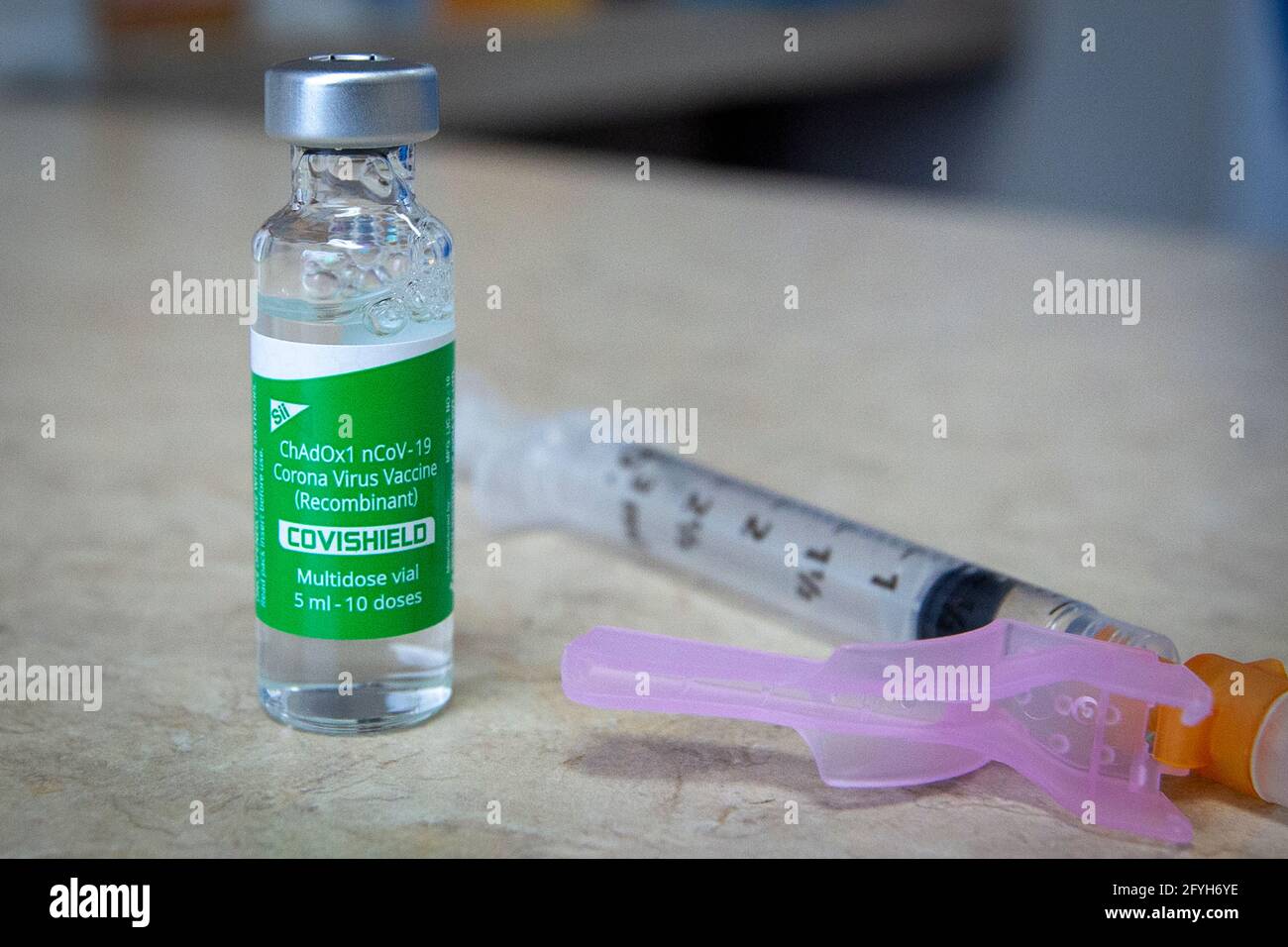 A syringe with the AstraZeneca COVID-19 vaccine before use at a pharmacy in Kingston, Ontario on Thursday, March 18, 2021, as the COVID-19 pandemic co Stock Photo