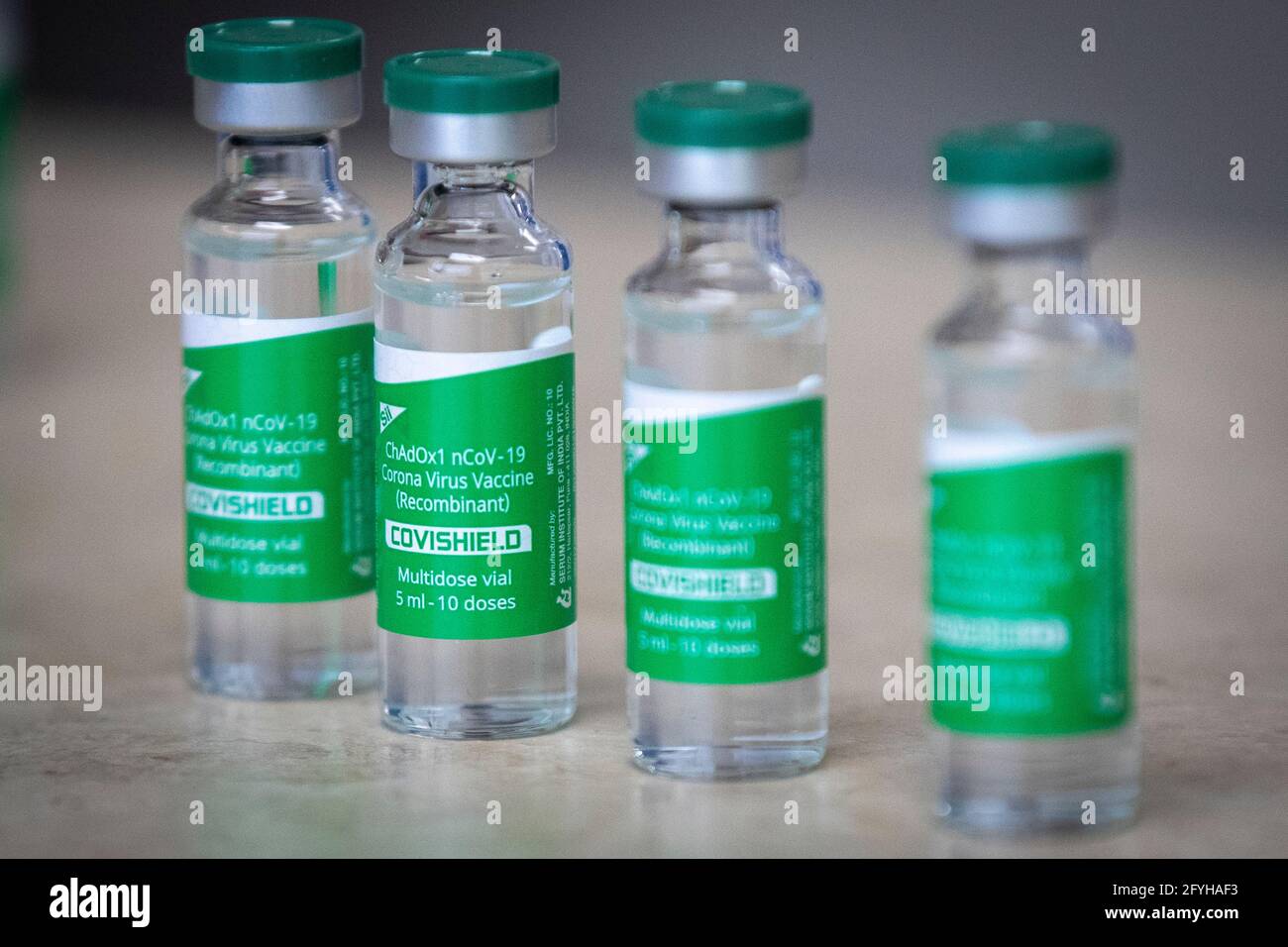 Several vials of the AstraZeneca COVID-19 vaccine at a pharmacy in Kingston, Ontario on Thursday, March 18, 2021, as the COVID-19 pandemic continues a Stock Photo